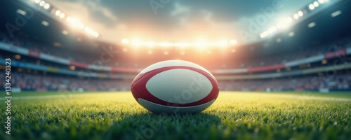 A rugby ball resting on a vibrant green pitch, illuminated by stadium lights under a dramatic sky, capturing the excitement of a live sporting event.