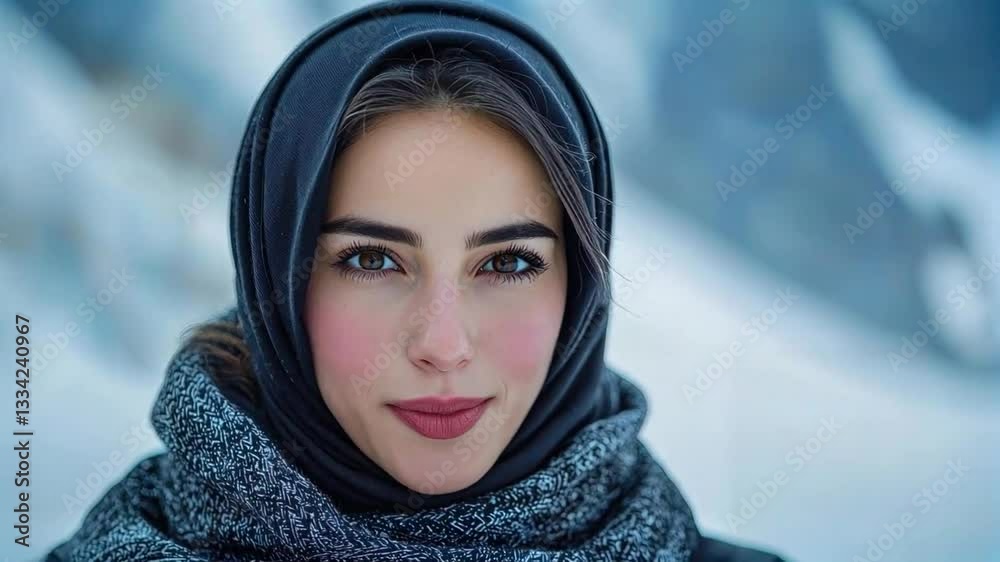 Beautiful young woman with headscarf in snowy mountain landscape during sunny day experiencing tranquility and joy Beautiful young woman with headscarf in snowy mountain landscape during sunny day experiencing tranquility and joy