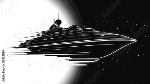 The image is a stylized monochrome illustration of a speedboat.  The boat is depicted in dark tones, contrasted against a brighter background that appears to be a blend of light and dark areas,