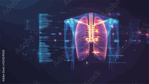 A digital illustration depicting a human torso with a highlighted respiratory system. The image utilizes a translucent, x-ray-like style, revealing the internal structure of the lungs and bronchi.