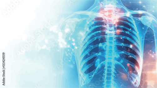 A stylized, semi-transparent visualization of the human rib cage and spine.  The image uses a light blue and white color palette, giving it a glowing, ethereal quality.  The bones are rendered with