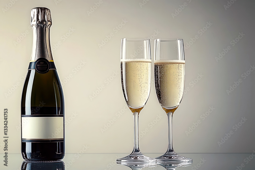 Champagne bottle and two flutes on reflective surface with gradient background Champagne bottle and two flutes on reflective surface with gradient background