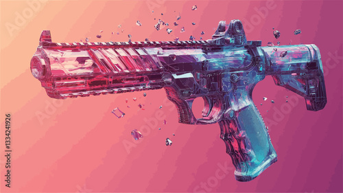 A digital rendering of an assault rifle. The rifle is presented at a three-quarter angle against a gradient background transitioning from pink to a lighter, almost peach color. The rifle itself is