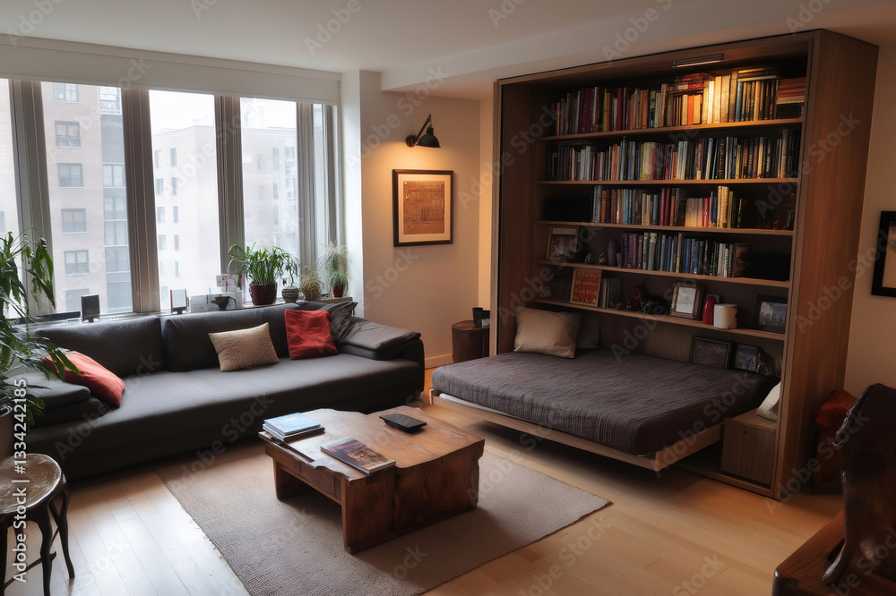 Fototapeta premium Contemporary living room featuring a practical Murphy bed seamlessly integrated into a bookshelf unit, optimizing space and functionality
