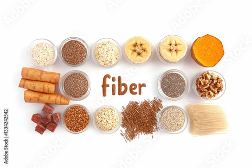 Assorted fiber-rich foods, including grains, nuts, and dried fruits, arranged around the word 