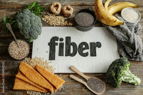 High-fiber foods, including chia seeds, oats, bananas, and sweet potatoes, arranged around 