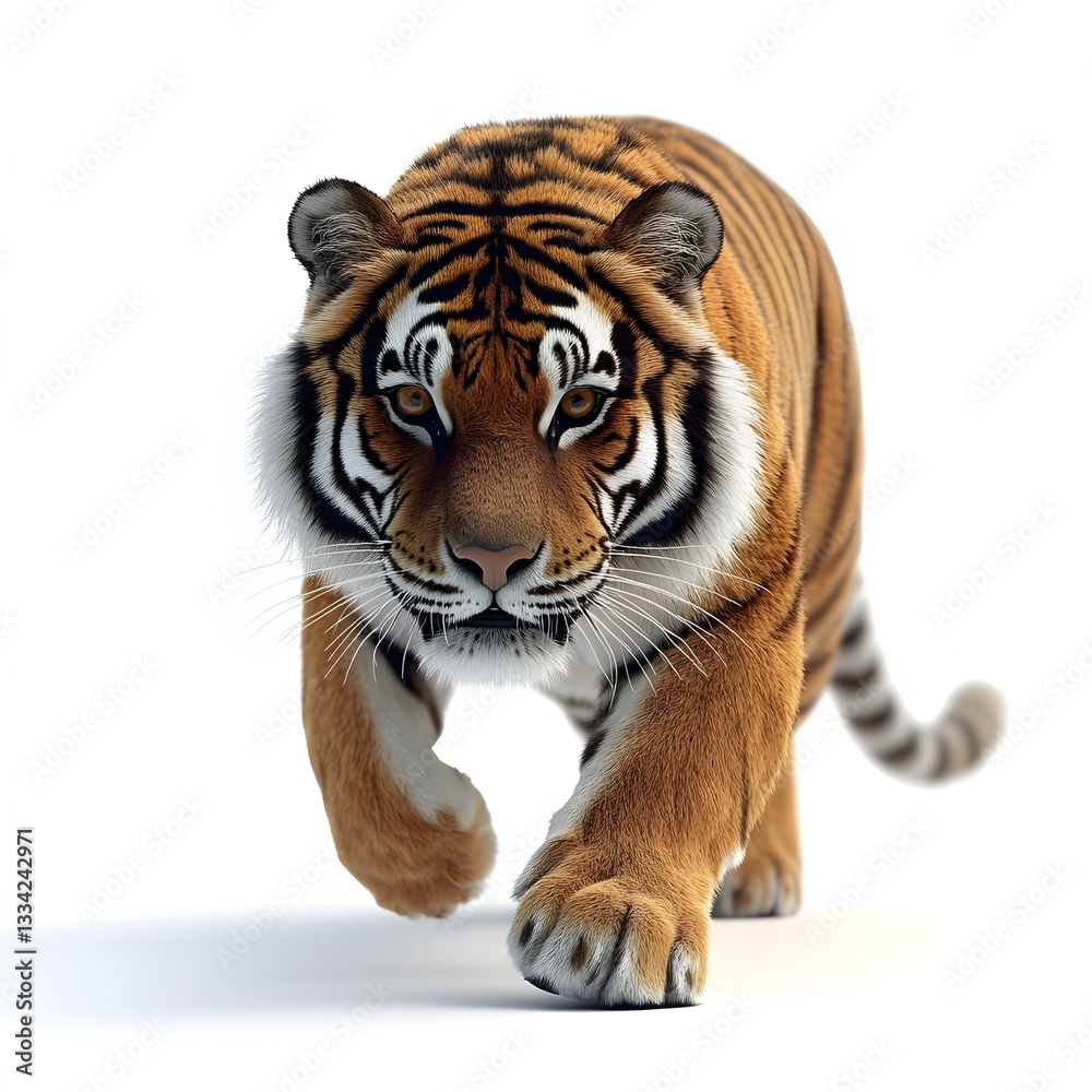 Fototapeta premium A stunning 3D render of a Siberian tiger walking towards the camera, showcasing its powerful and majestic presence. Isolated on white background. Majestic Siberian Tiger Approaching