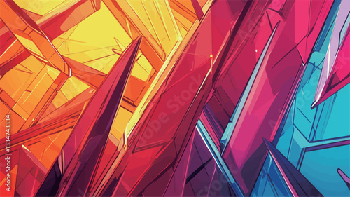 The image is a digital illustration featuring an abstract composition of geometric shapes.  The shapes are primarily angular and sharp, with a strong sense of depth and layering created through the