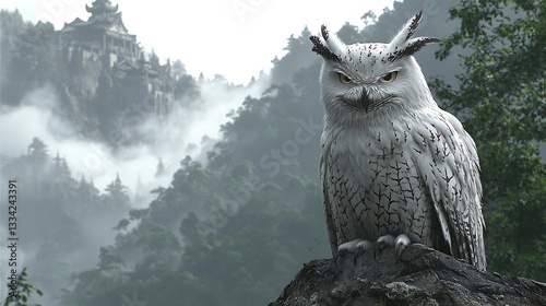 A large white owl perched on a rock overlooking a valley