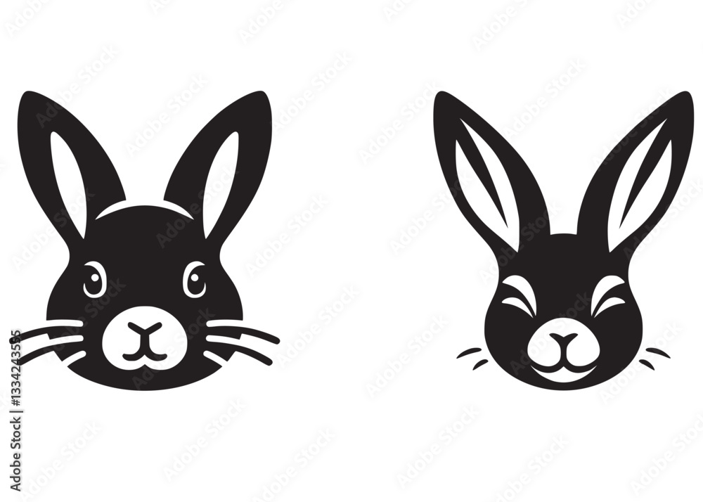 Fototapeta premium Cute and happy rabbit face silhouette vector, bunny face logo silhouette, rabbit face vector black silhouette, bunny head logo icon silhouette, vector black bunny head isolated on white background