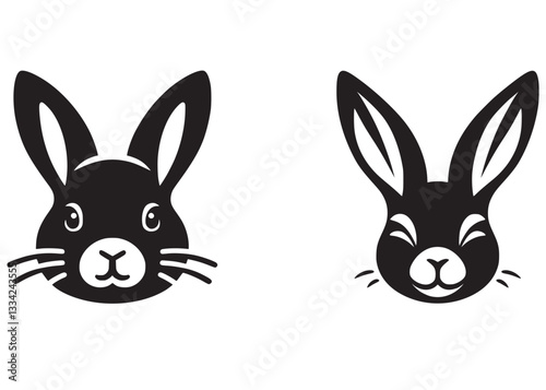 Cute and happy rabbit face silhouette vector, bunny face logo silhouette, rabbit face vector black silhouette, bunny head logo icon silhouette, vector black bunny head isolated on white background 