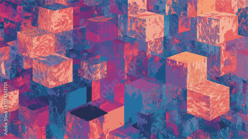 The image is a digital illustration featuring a dense arrangement of multicolored cubes.  The cubes are predominantly shades of purple, pink, blue, and orange, with variations in hue and saturation