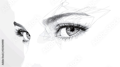 Close-up black and white drawing of a woman's eyes. The image is highly detailed, focusing on the eyes and surrounding area.  The style is realistic with a soft, slightly blurred background.  The