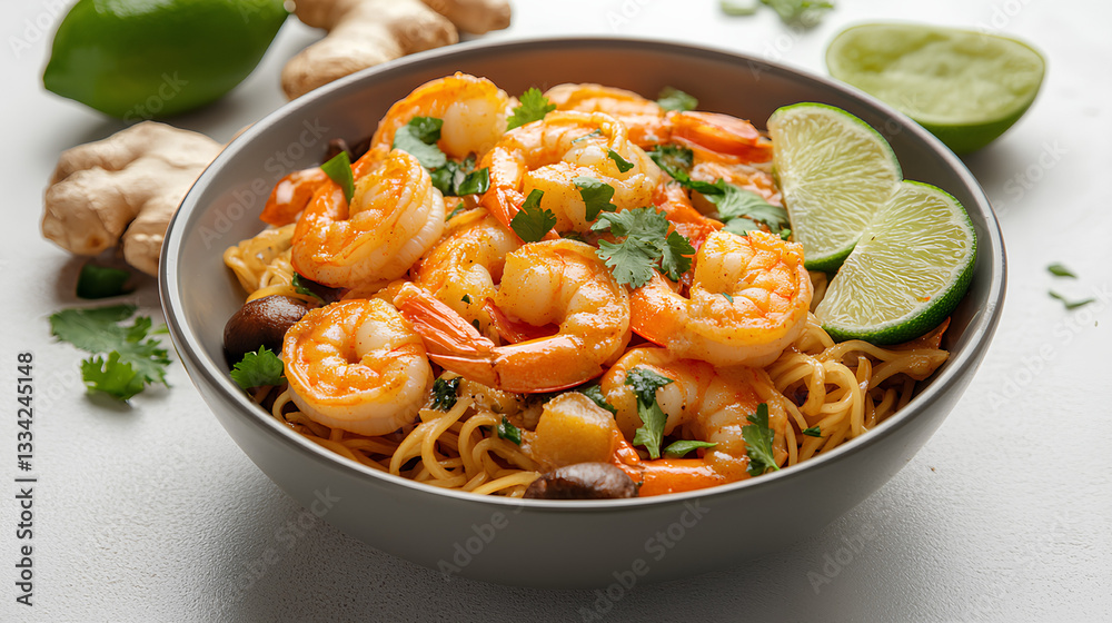 Delicious Asian-style shrimp noodles served with fresh lime, cilantro, and mushrooms in a modern bowl on a neutral background Delicious Asian-style shrimp noodles served with fresh lime, cilantro, and mushrooms in a modern bowl on a neutral background
