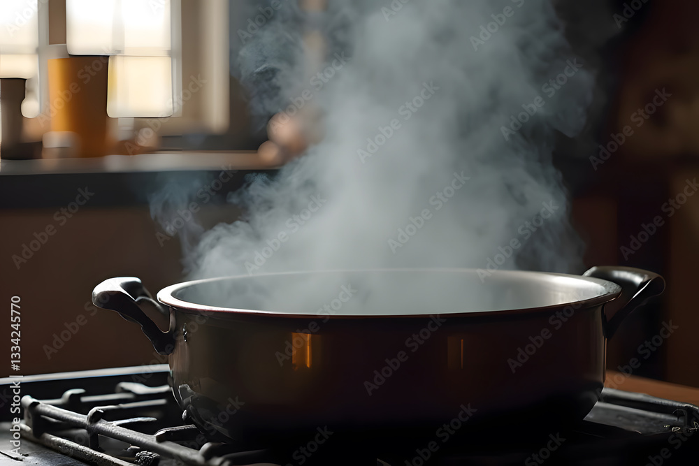 Smoke from a boiling kettle, ready to cook in the kitchen Smoke from a boiling kettle, ready to cook in the kitchen