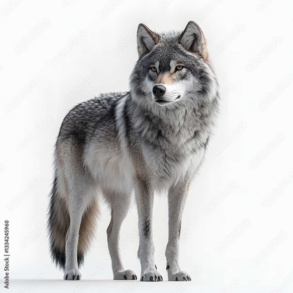 Obraz premium A striking image of a grey wolf standing majestically against a white backdrop. Isolated on white background. Majestic Wolf
