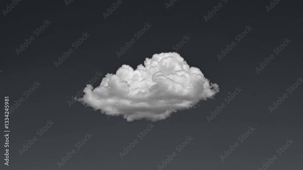 Single fluffy white cloud against dark gray sky, atmospheric scene. Minimalism concept