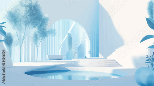 The image depicts a digitally rendered minimalist interior scene.  The dominant color is white, accented by various shades of light blue. The scene includes an arched doorway with sheer curtains,