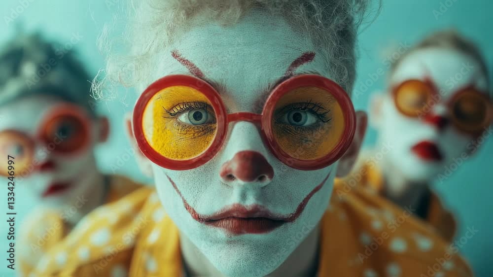 Three young people in clown makeup with oversized orange glasses and white face paint posing together for fun, quirky and artistic carnival or cosplay concept