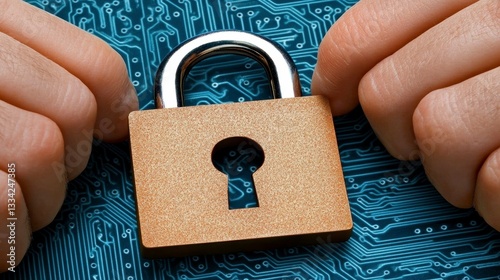 Metallic Gold Padlock Held by Hands on Blue Circuit Board Background