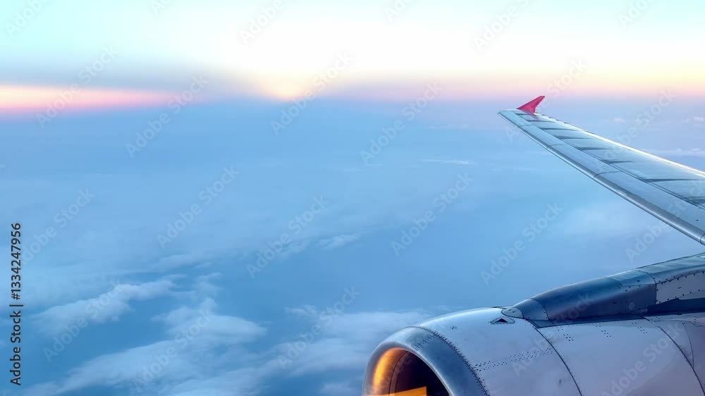 Airplane Wing Above the Clouds at Sunrise, Aerial Travel View