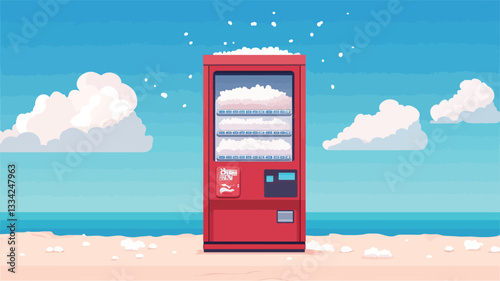 A digital illustration depicting a red vending machine situated on a sandy beach against a backdrop of blue ocean and sky. The machine is rendered in a low-poly, three-dimensional style.  The sky