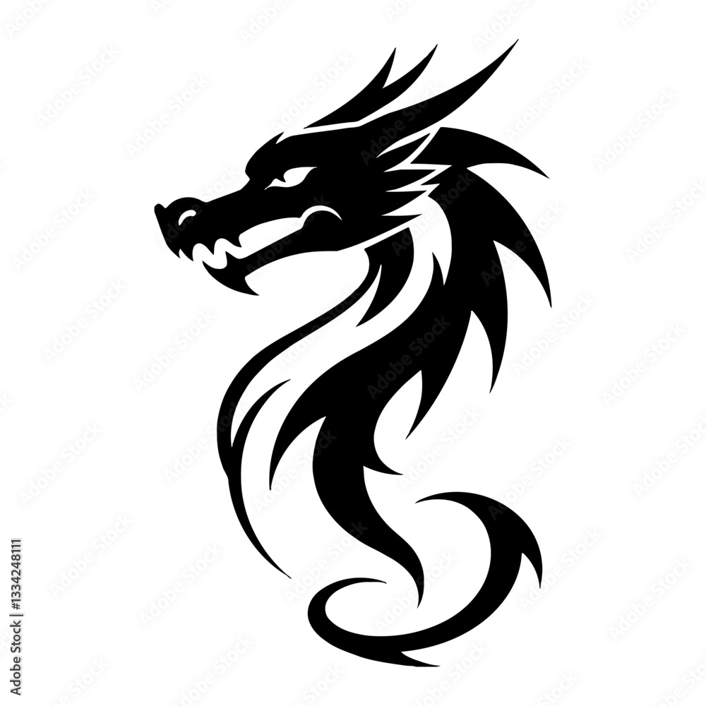 Fototapeta premium Elegant Professional Full Body Dragon Logo Black and White Outline Line Art Drawing Silhouette