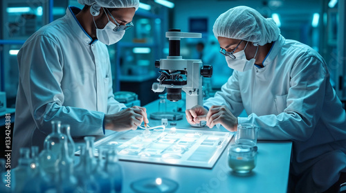 Two scientists in protective gear conducting advanced bioengineering research on artificial skin samples in a high-tech laboratory. Concept of medical innovation, biotechnology, and regenerative medic photo