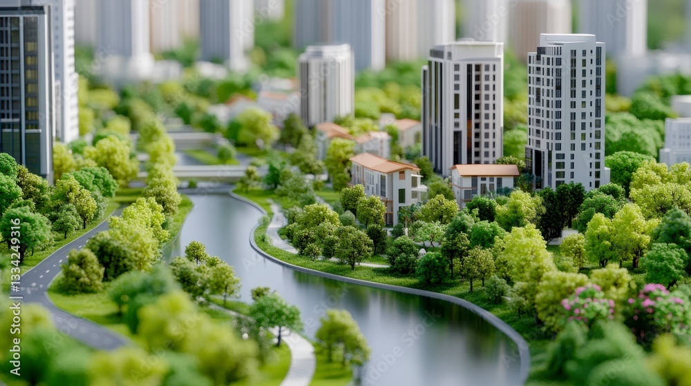 Fototapeta premium Modern City Model With Lush Green Parks And River