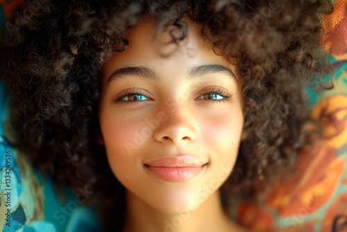 Commercial commercial conceptual art. Short hairdo - curly hair. Gorgeous smiling black girl - for ads, banner and digital banner use. African american beauty commercials. Black beauty concept.