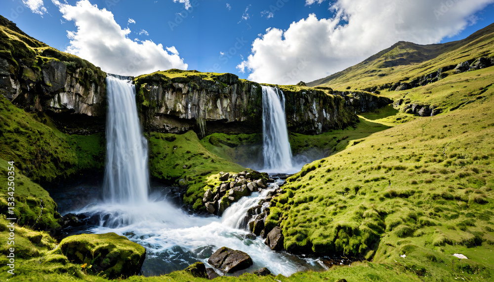 Fototapeta premium Le paysage magnifique d'une cascade dans la montagne verte