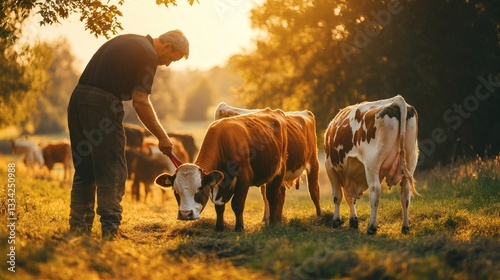 A farmer tending to his cows in a sunny pasture scene