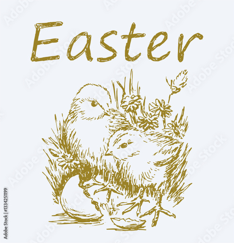 Easter greeting card with two newborn hatched chicks, split egg, lettering, hand drawn vector illustration