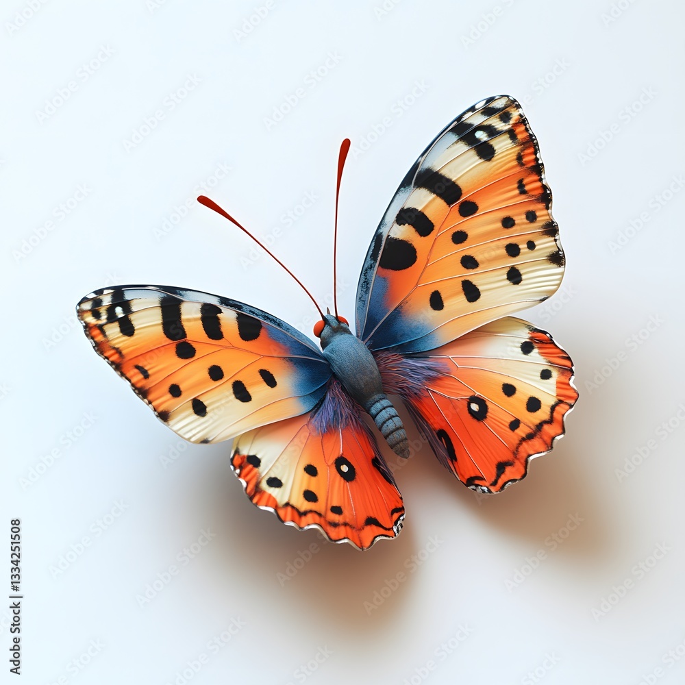 Obraz premium A stunning close-up of a vibrant butterfly with orange, black, and blue wings against a white background. The detail is exquisite. Isolated on white background. Adorable Baby Cute Butterfly