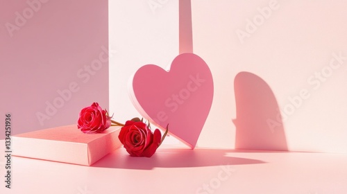 Romantic pink backdrop with a heart shape and fresh red roses, perfect for love themed projects and seasonal events like Valentine s Day