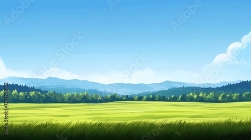 Serene Summer Meadow Landscape: A picturesque view of a vast green field under a clear blue sky, rolling hills in the background and a gentle breeze