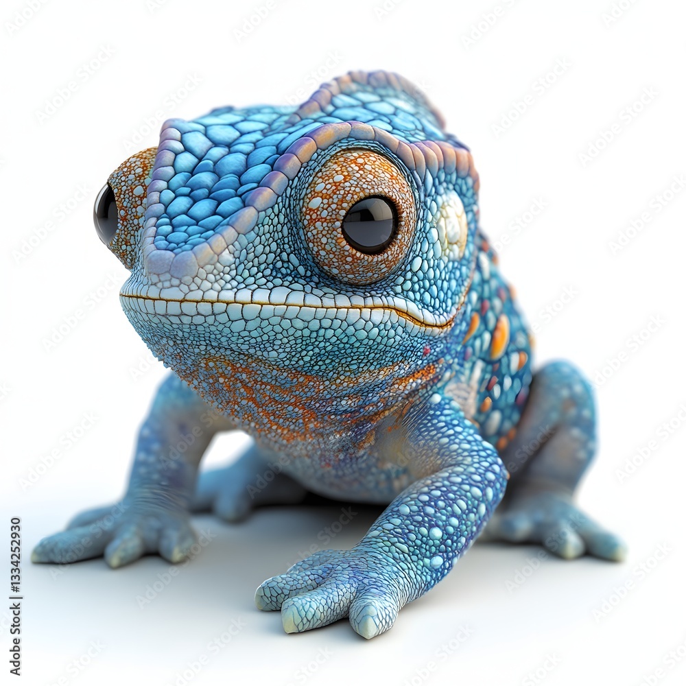 Obraz premium Close-up of a digitally rendered blue chameleon. Its vibrant colors and detailed textures are captivating. Isolated on white background. Adorable Baby Chameleon