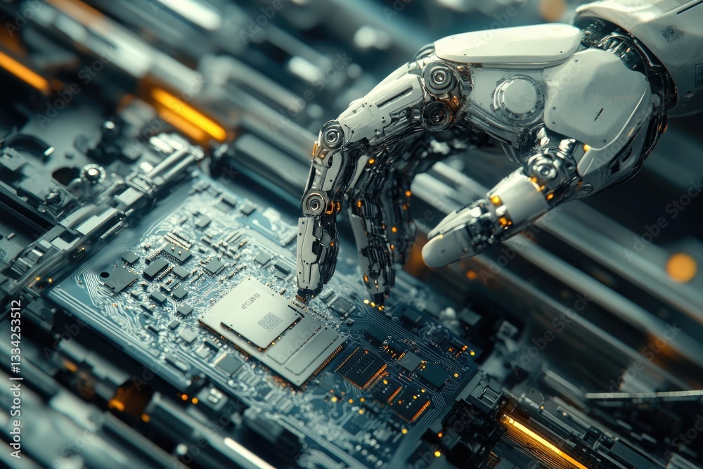 Fototapeta premium A robotic hand precisely interacts with a complex circuit board, showcasing advanced automation in technology.
