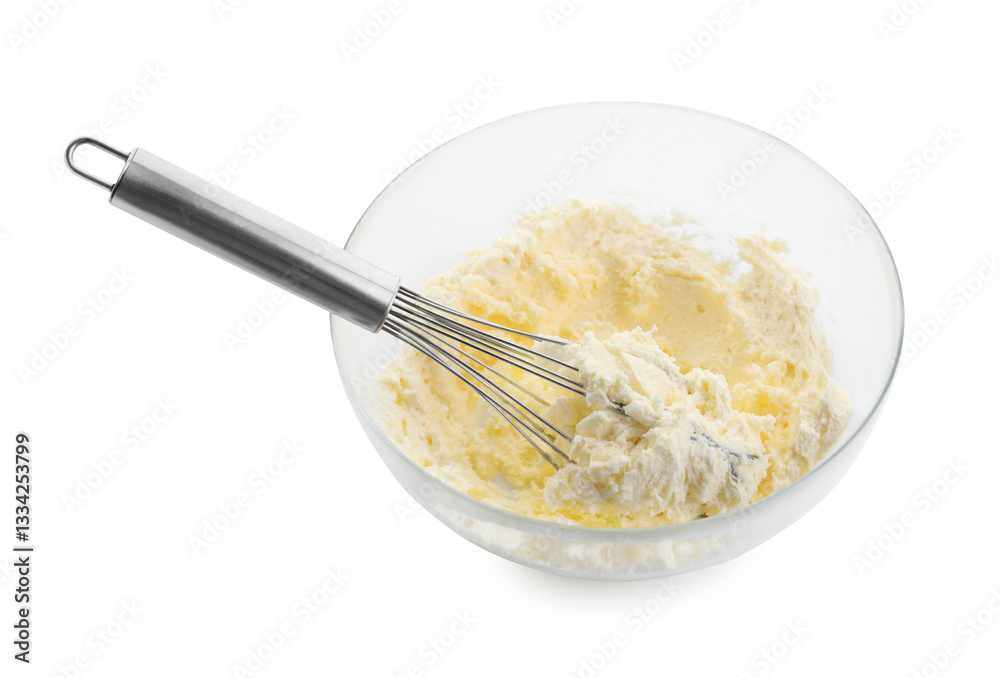 Bowl and whisk with delicious cream isolated on white Bowl and whisk with delicious cream isolated on white
