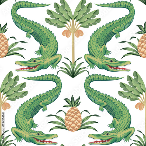 Crocodile animal, tropical palm tree, pineapple seamless pattern. Jungle wallpaper.	

