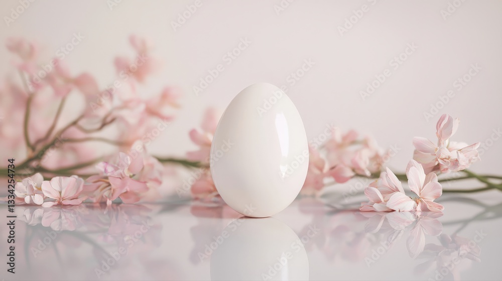A minimalist 3D render of a smooth white egg with a soft reflection, elegantly surrounded by delicate pastel floral accents, creating a serene and refined Easter composition. A minimalist 3D render of a smooth white egg with a soft reflection, elegantly surrounded by delicate pastel floral accents, creating a serene and refined Easter composition.