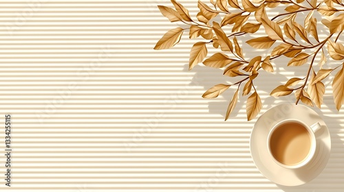 Delicate Coffee Cup with Warm Beverage and Autumn Leaves on Striped Background in Soft Sunlight