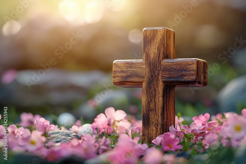Wooden Cross in a Field of Pink Flowers at Sunrise