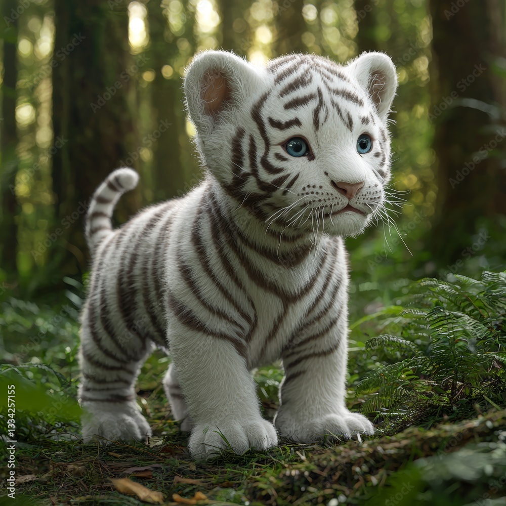 Obraz premium Adorable White Tiger Cub in Forest Setting