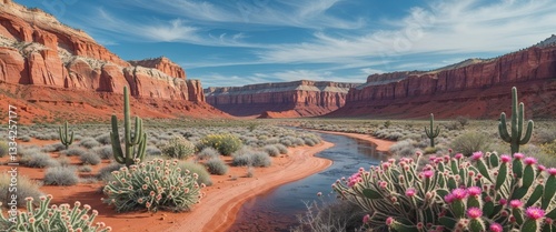 A breathtaking tableau unfolds before your eyes as arid riverbed meanders through majestic red rock canyons adorned with sporadic clusters of resilient desert flora