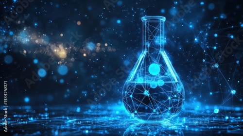 Futuristic flask, lab, digital network, cosmic background