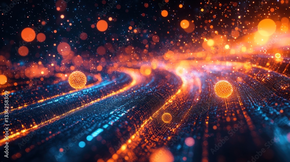 Fototapeta premium Abstract swirling particles, vibrant colors, digital art, futuristic background