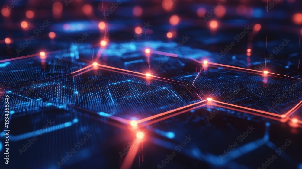 Obraz premium Futuristic network, glowing hexagon, data stream, abstract background