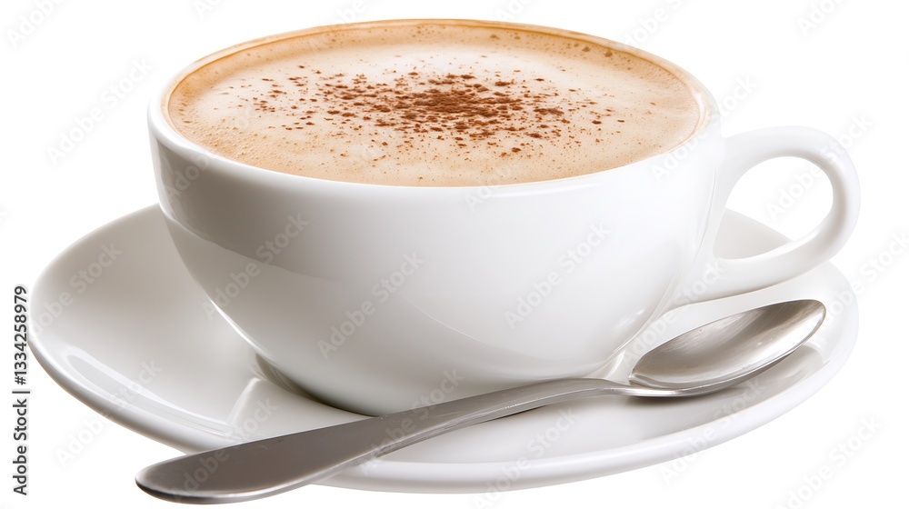 Creamy Cappuccino with Chocolate Dust in a White Ceramic Cup on a Saucer with a Stainless Steel Spoon Creamy Cappuccino with Chocolate Dust in a White Ceramic Cup on a Saucer with a Stainless Steel Spoon