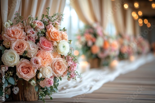 Elegant Peach and Cream Wedding Flower Arrangement with Sheer Drape Backdrop